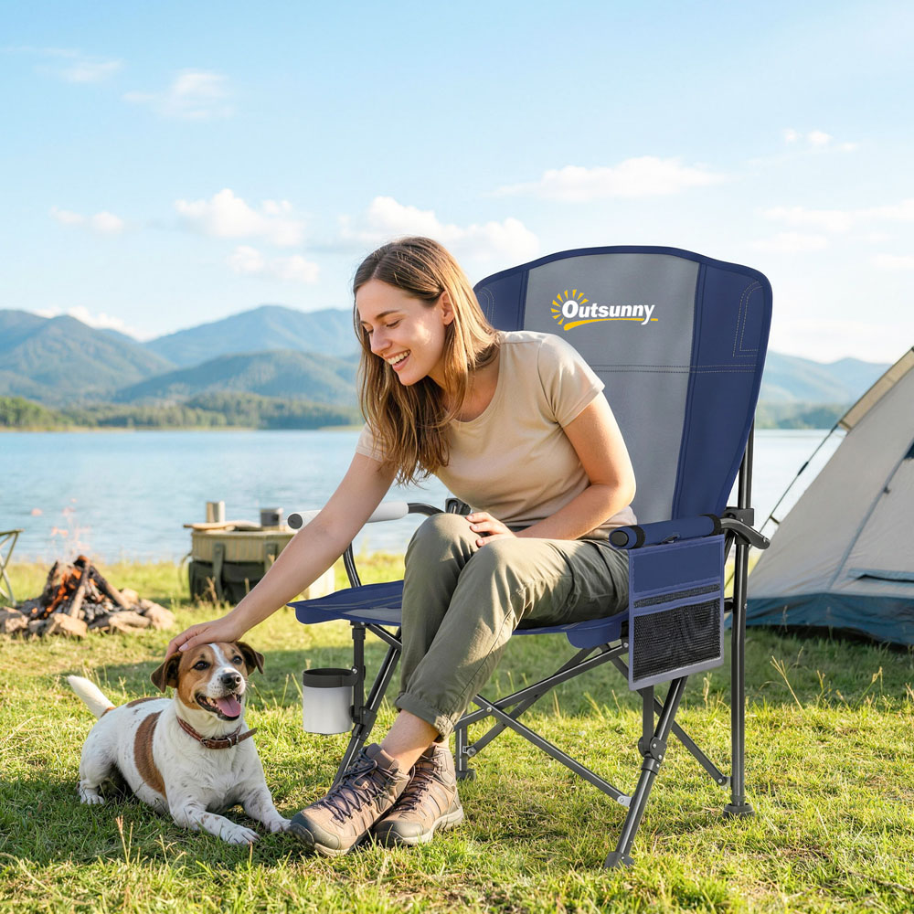 Outsunny Dark Blue Padded Foldable Camping Chair with Side Pocket Image 2