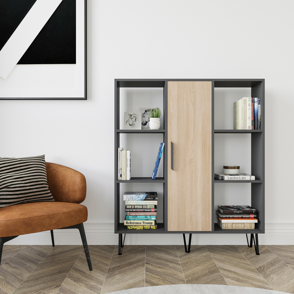 Decorotika Peoria Single Door 6 Shelf Anthracite and Oak Bookcase Image 4