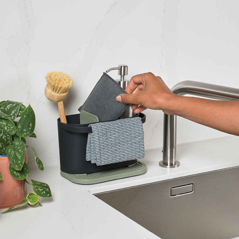 ReBorn Charcoal Grey and Sage Green Compact Plastic Sink Tidy with Drainage Tray Image 4