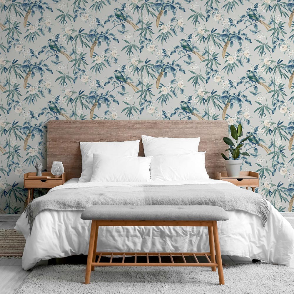 Arthouse Oriental Floral Birds Blue and Grey Wallpaper Image 4