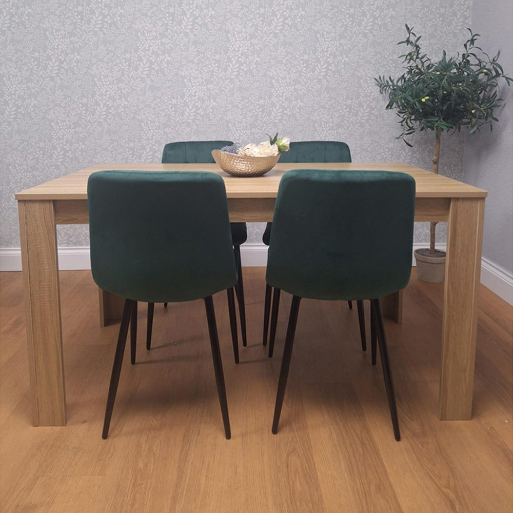 Portland 4 Seater Square Velvet Dining Set Oak Effect and Green Image 5