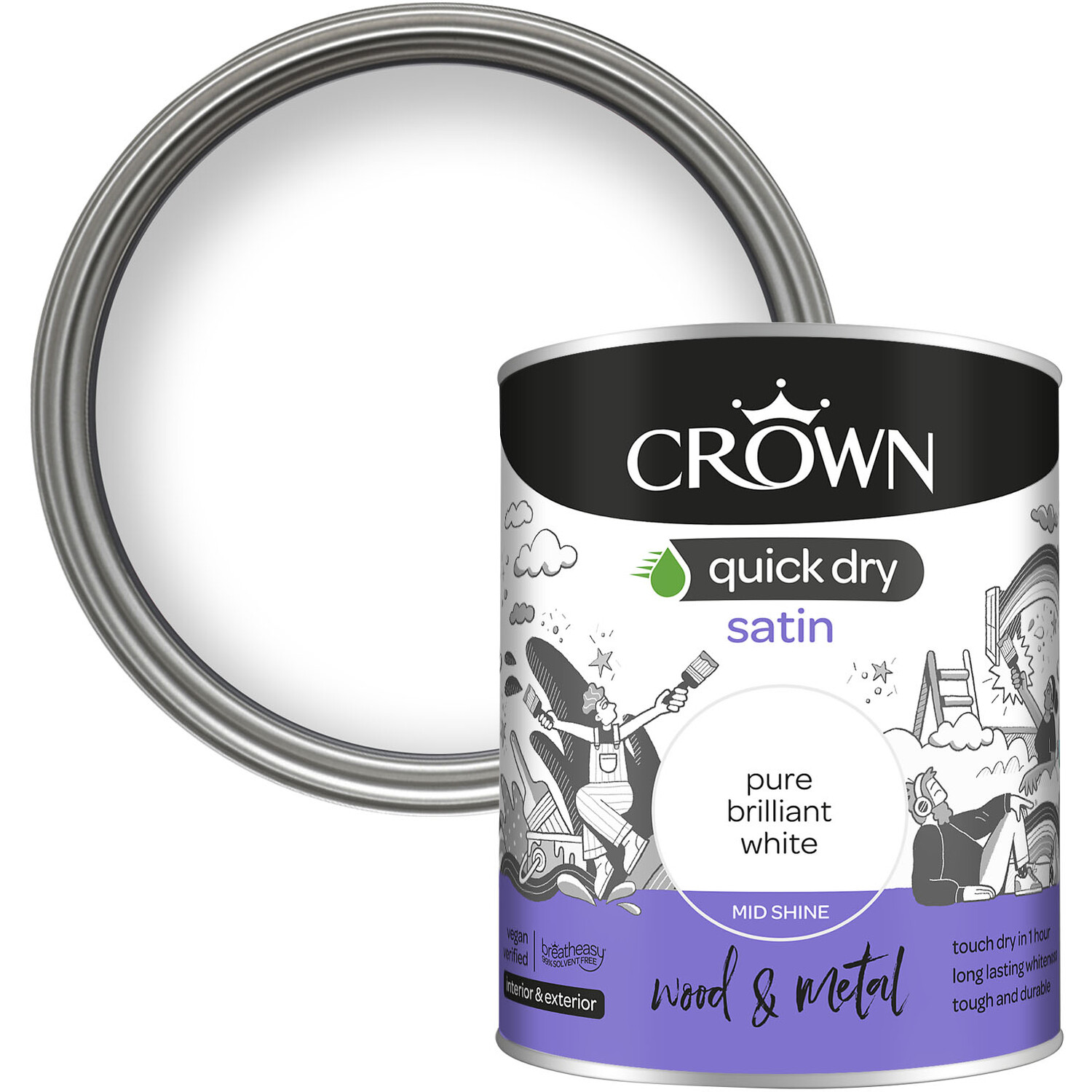 Crown Quick Dry Wood and Metal Pure Brilliant White Satin Paint 750ml Image 1