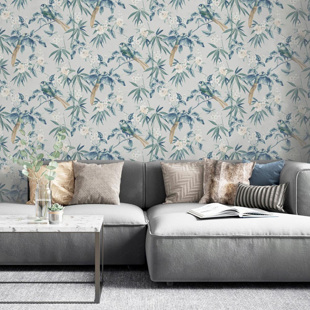 Arthouse Oriental Floral Birds Blue and Grey Wallpaper Image 3