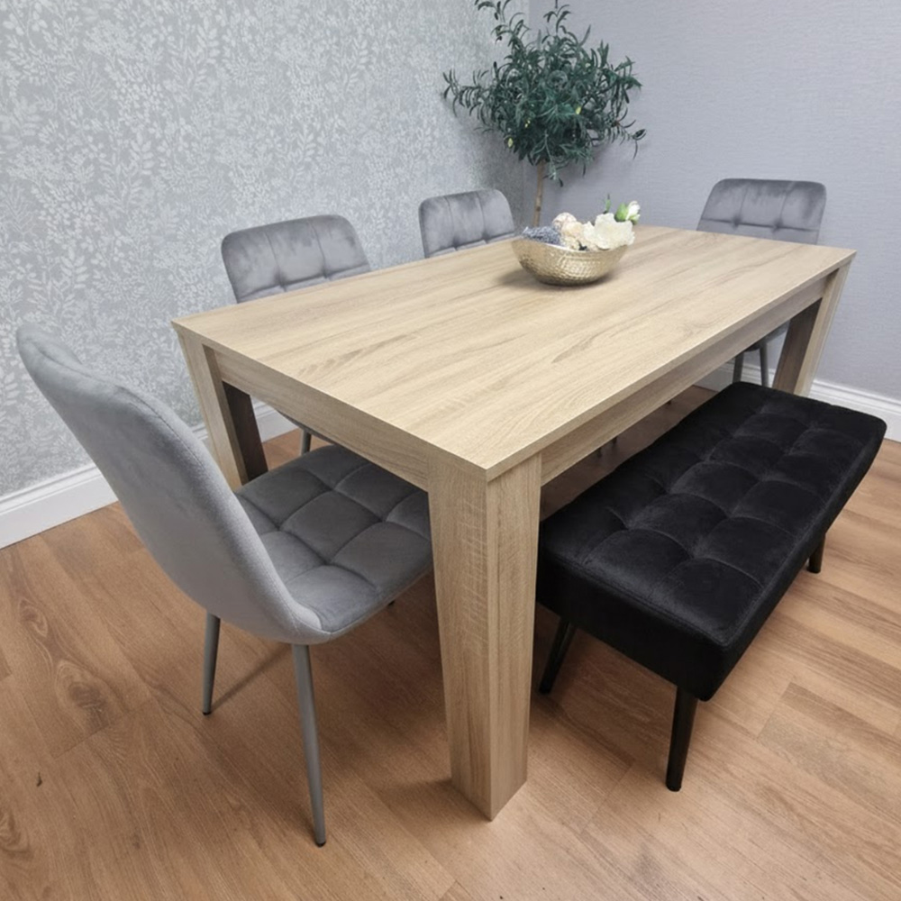 Portland 5 Seater Velvet Wooden Dining Set with Bench Oak Effect Grey and Black Image 1