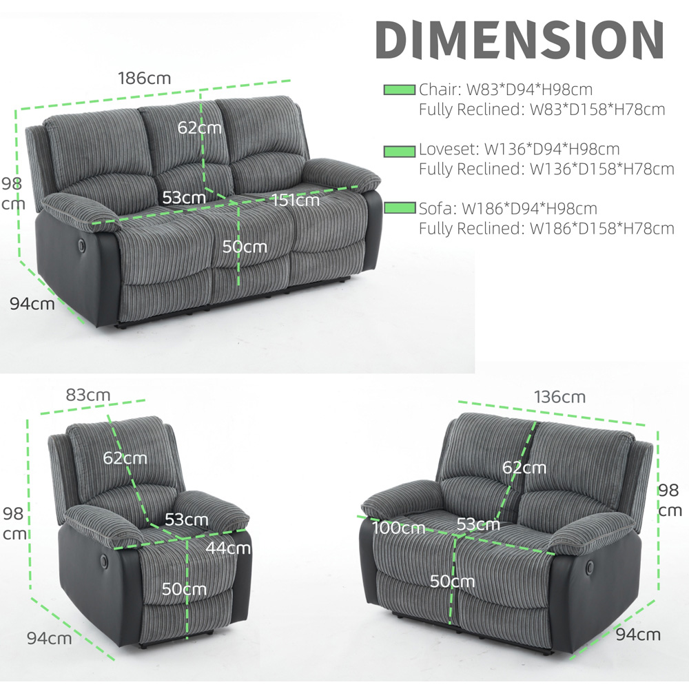 Furniture One 2 Seater Grey Sectional Corduroy Electric Recliner Sofa Chair Set Image 6