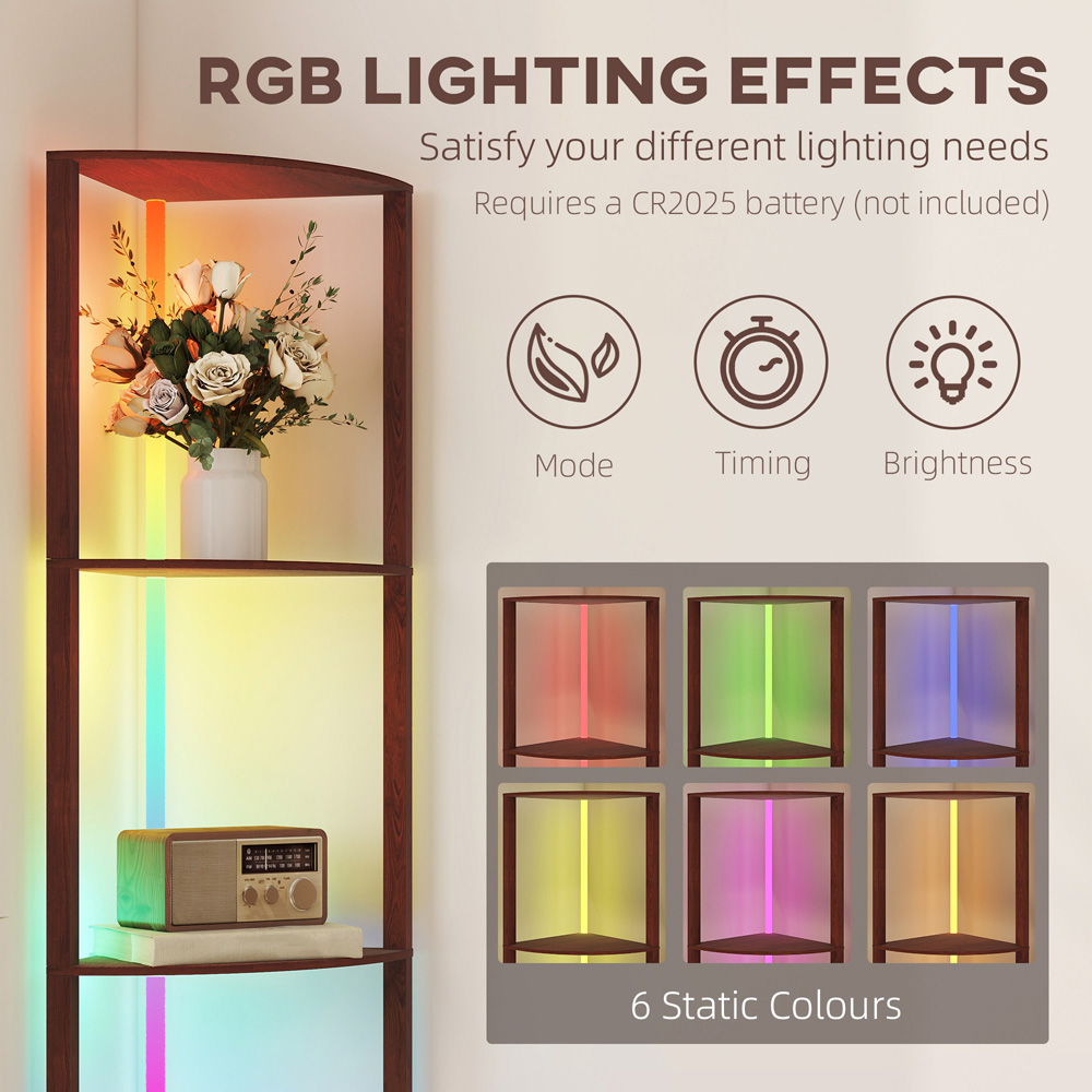 HOMCOM 5 Shelf Brown Dimmable RGB LED Floor Lamp Image 8