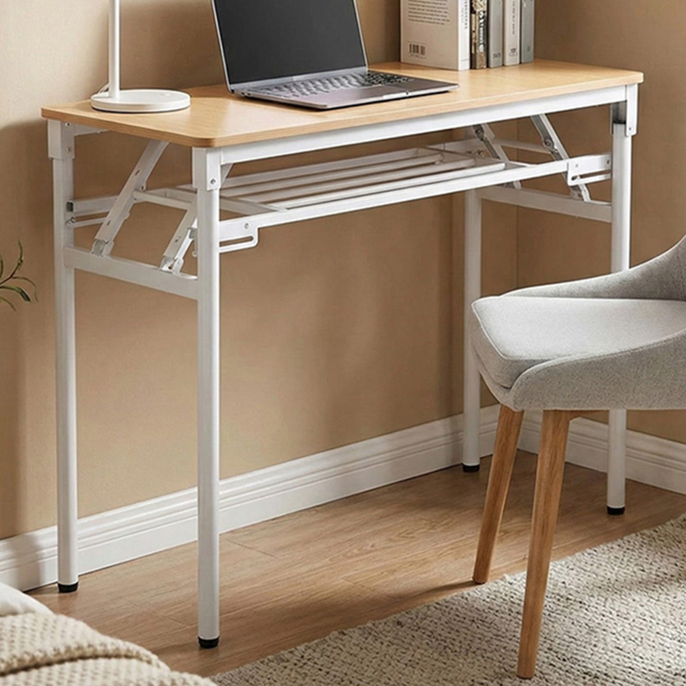 Living and Home Single Shelf Metal Frame Foldable Laptop Desk Natural 100cm Image 1