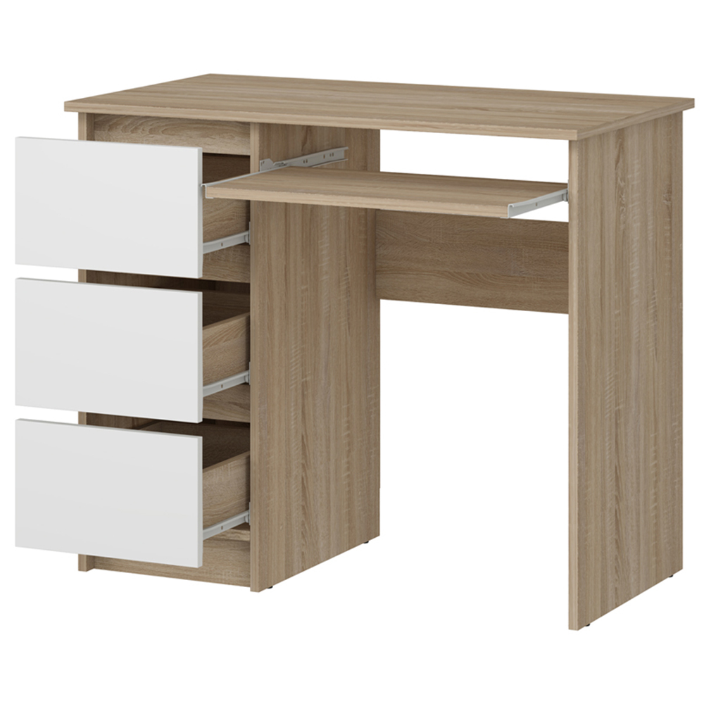 Kudl Cina 3 Drawer Computer Desk with Pull Out Tray Sonoma Oak and White Image 4
