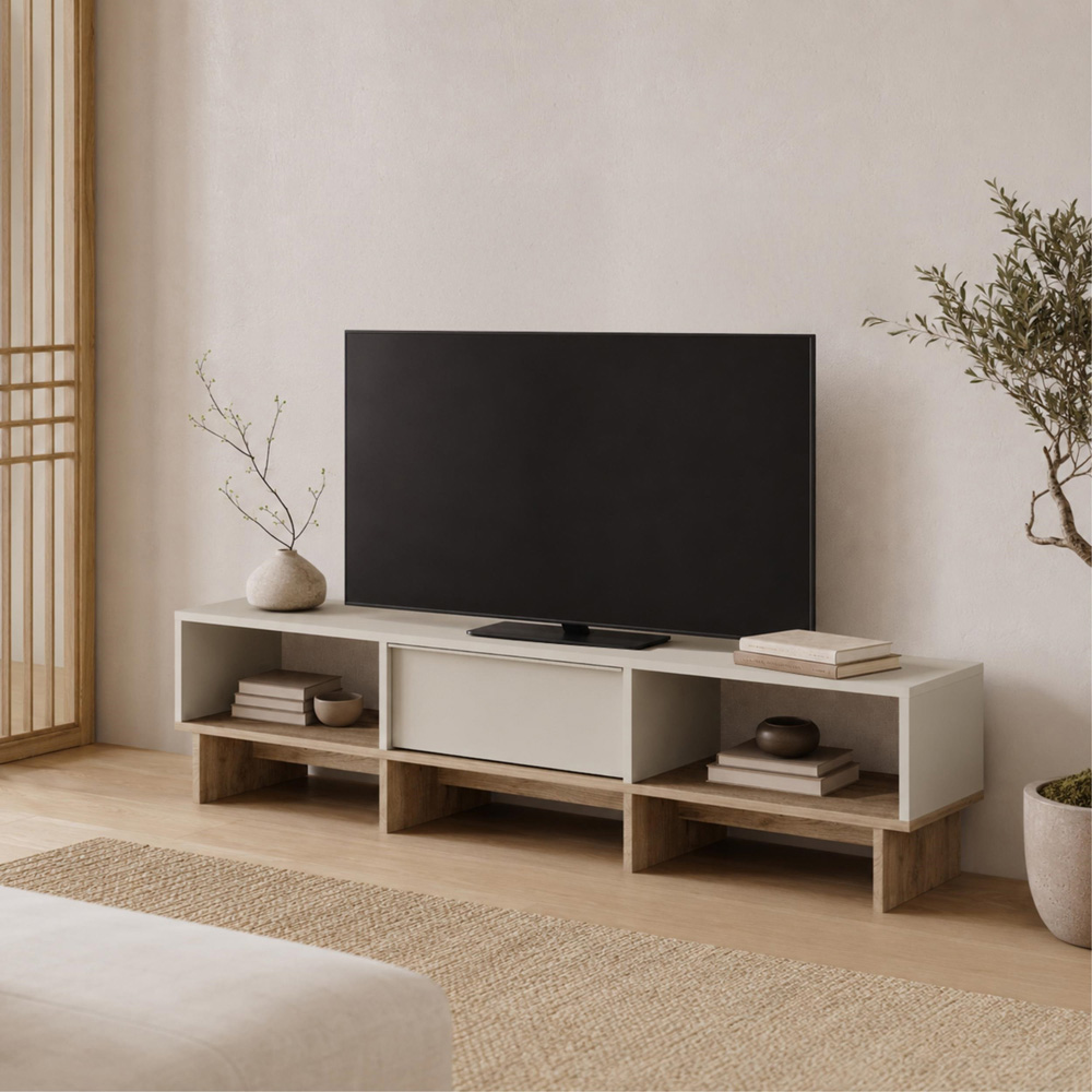 Decortie Yuki Single Flip Down Door 2 Open Shelf Sandstone TV Unit Image 6