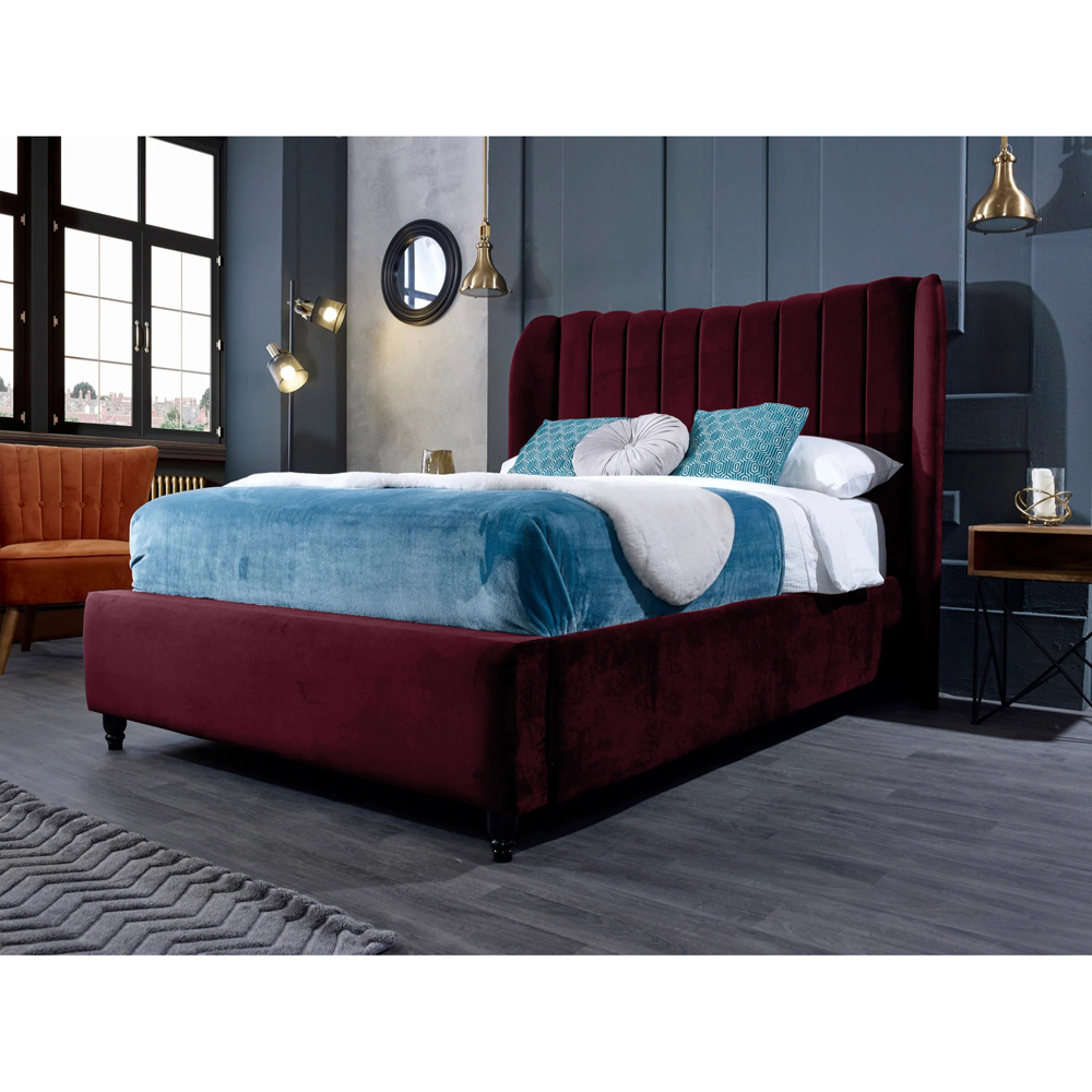 Eleganza Home Carli King Size Maroon Plush Velvet Bed Frame with Lined Headboard Image 2