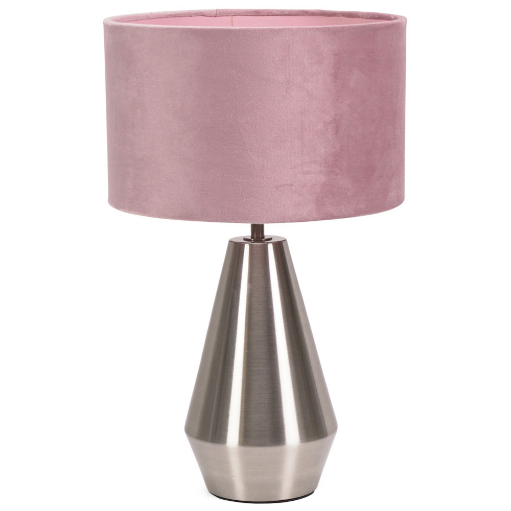 ValueLights Jax Reni Blush Pink Velvet and Chrome Drum Shade Touch LED Table Lamp Image 1
