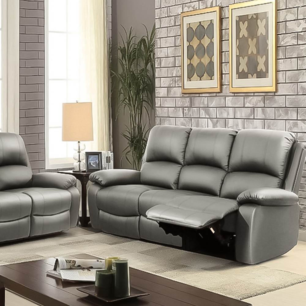 Brooklyn 6 Seater Light Grey Bonded Leather Manual Recliner Sofa Set Image 3