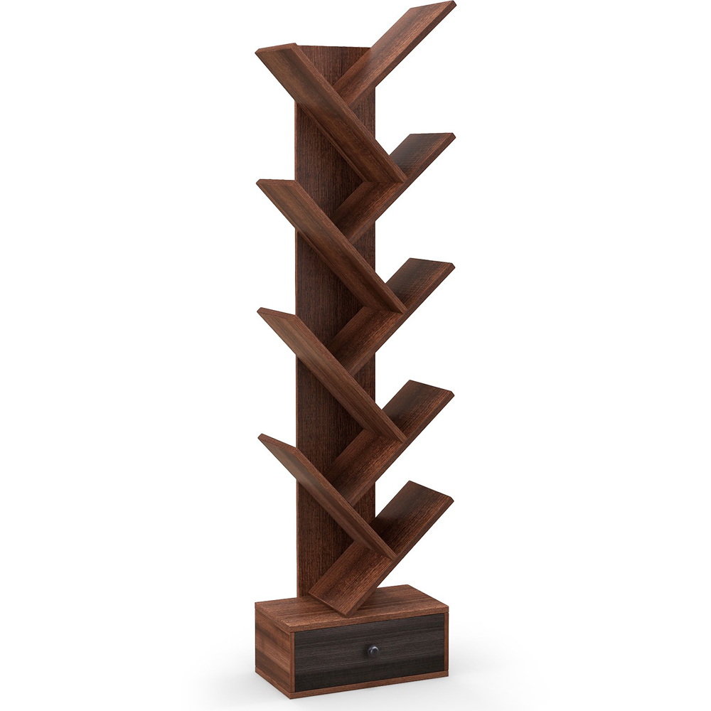 Costway Single Drawer 10 Shelf Brown Tree Bookshelf Image 2