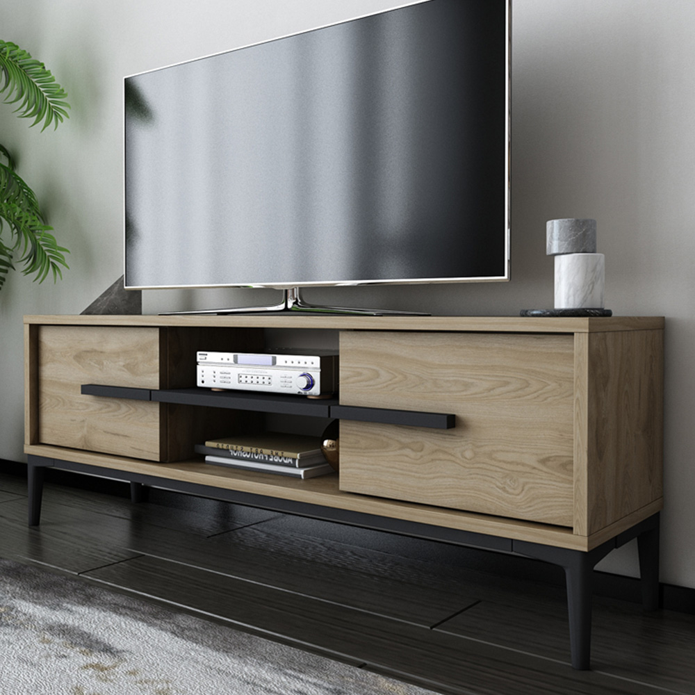 Decorotika Erisa 7 Shelf Oud Oak Black Modern TV Unit Image 1