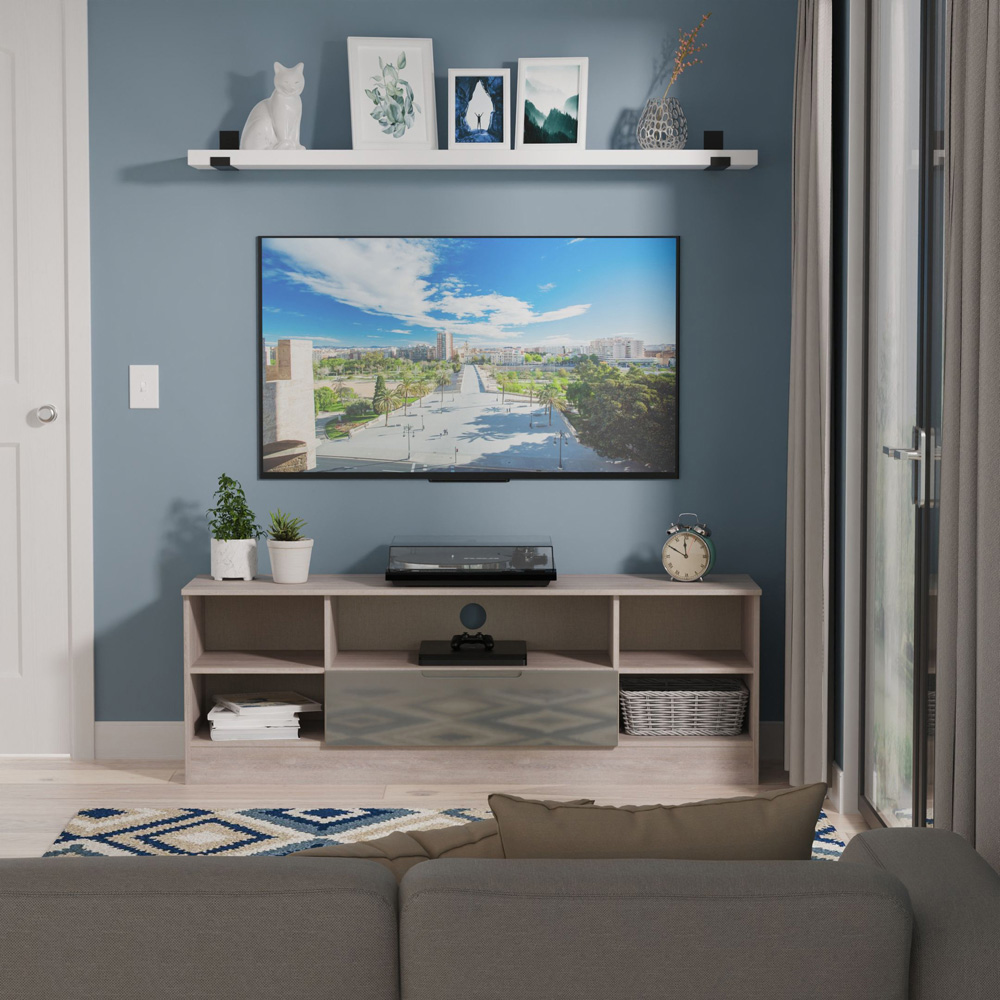 Crowndale Milan Single Drawer 5 Shelf Grey Gloss and Grey Oak Wide TV Unit Ready Assembled Image 7