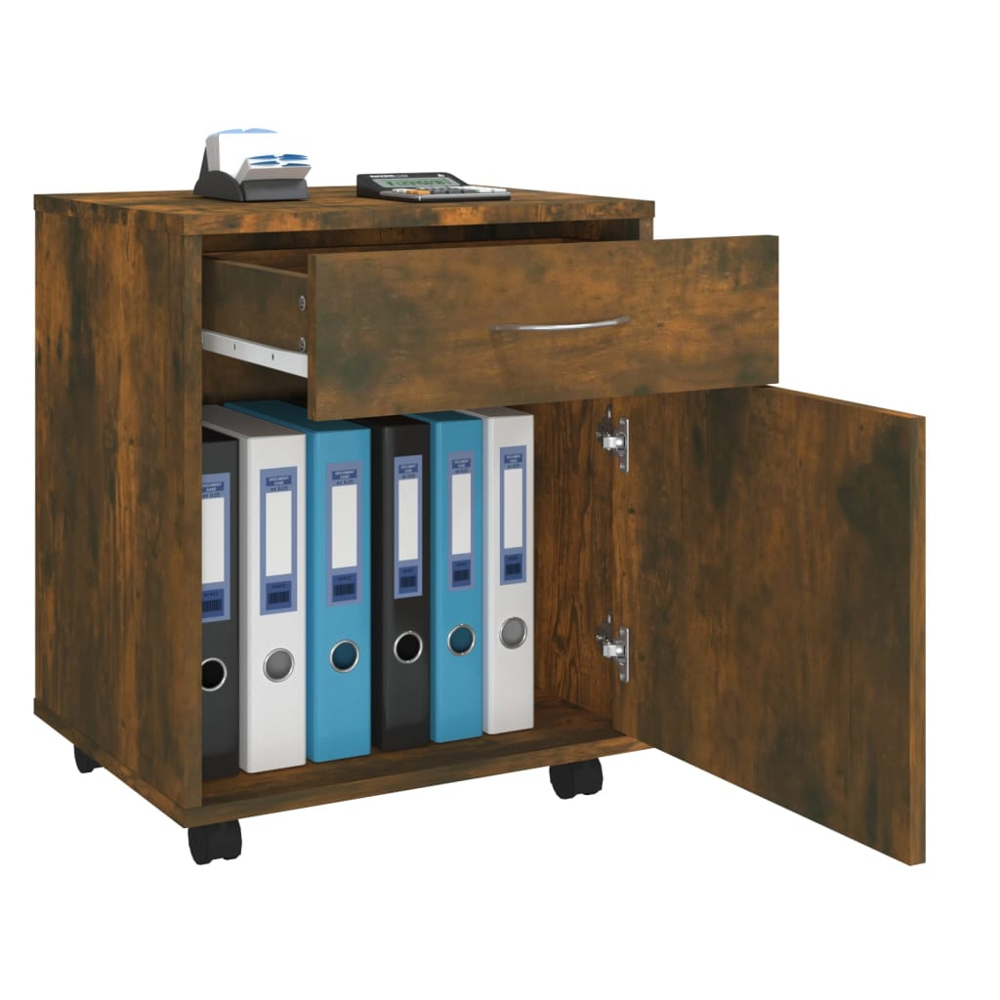 vidaXL Single Door Single Drawer Smoked Oak Rolling Storage Cabinet Image 4