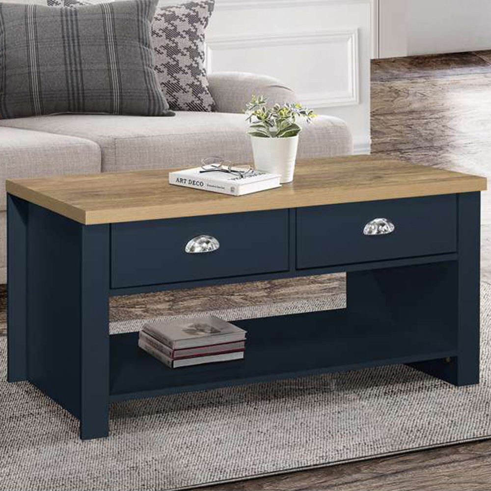 Highgate 2 Drawer Navy and Oak Coffee Table Image 1