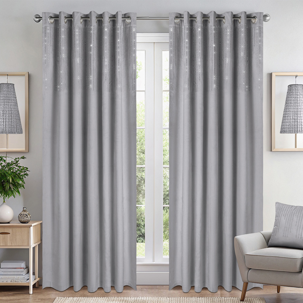 Alan Symonds Silver Cascading Diamante Studs Velvet Blackout Ring Top Eyelet Curtains 168 x 229cm Image 1