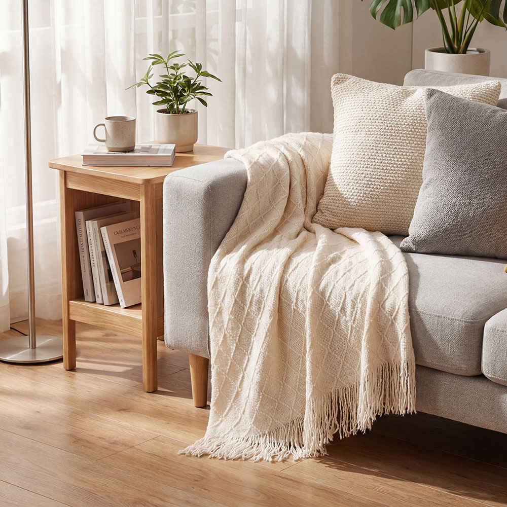 Living and Home Beige Diamond Knit Throw Blanket with Tassels 130 x 170cm Image 2