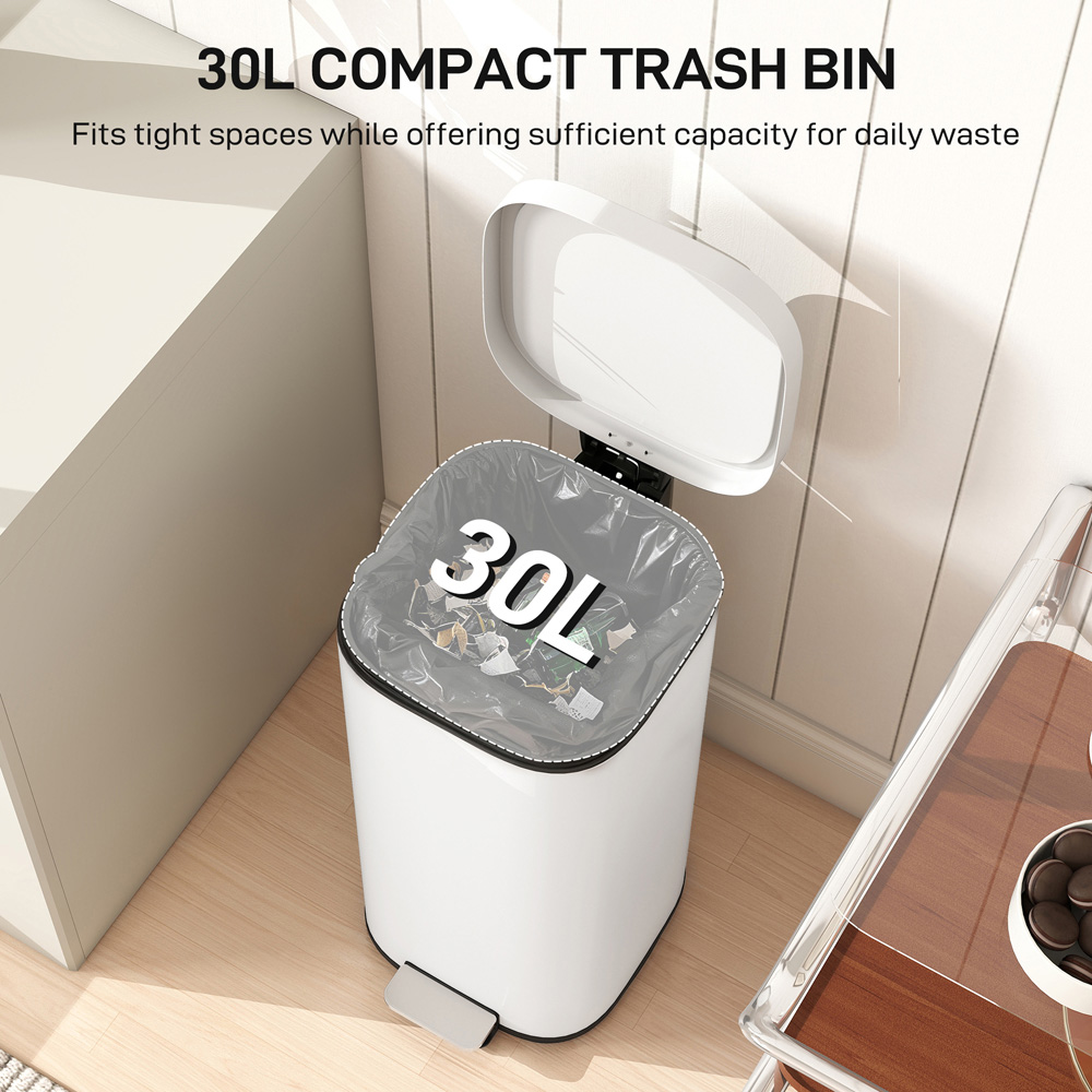 HOMCOM Cream Pedal Bin with Removable Inner Bucket and Soft-Close Lid 30L Image 8