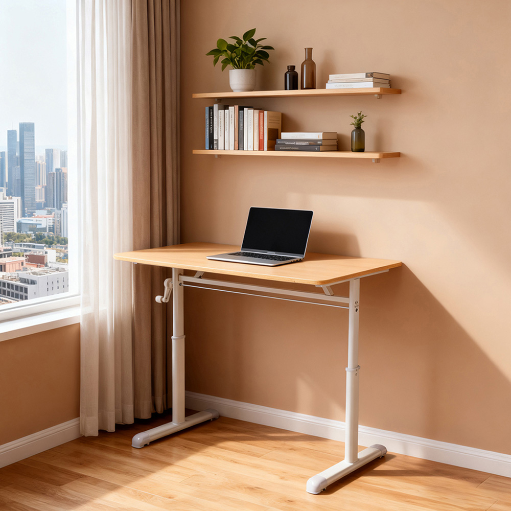 Living and Home Carbon Steel Frame Manual Height Adjustable Laptop Desk Natural and White Image 7