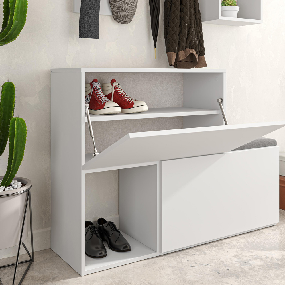 Decortie Holdon 2 Door 2 Shelf 4 Hooks White Shoe Cabinet with Hanging Rail and Bench Image 5