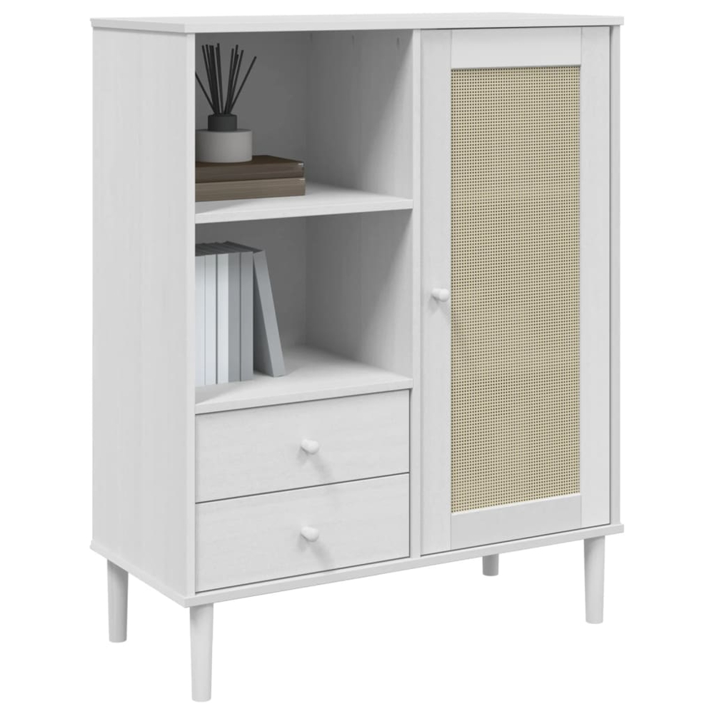 vidaXL Senja Single Door 2 Drawer 2 Shelf White Solid Pine Wood Rattan Look Highboard Image 3