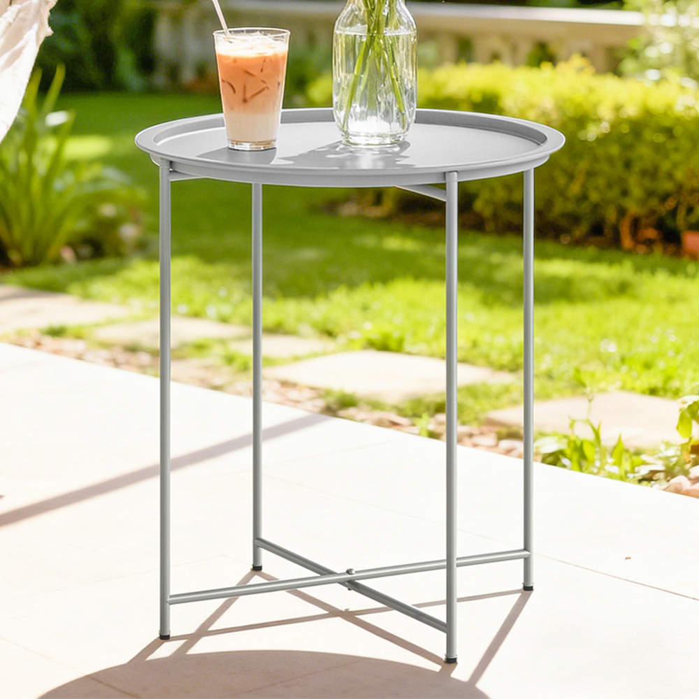 Outsunny White Round Foldable Garden Side Table with Removable Tray Image 1