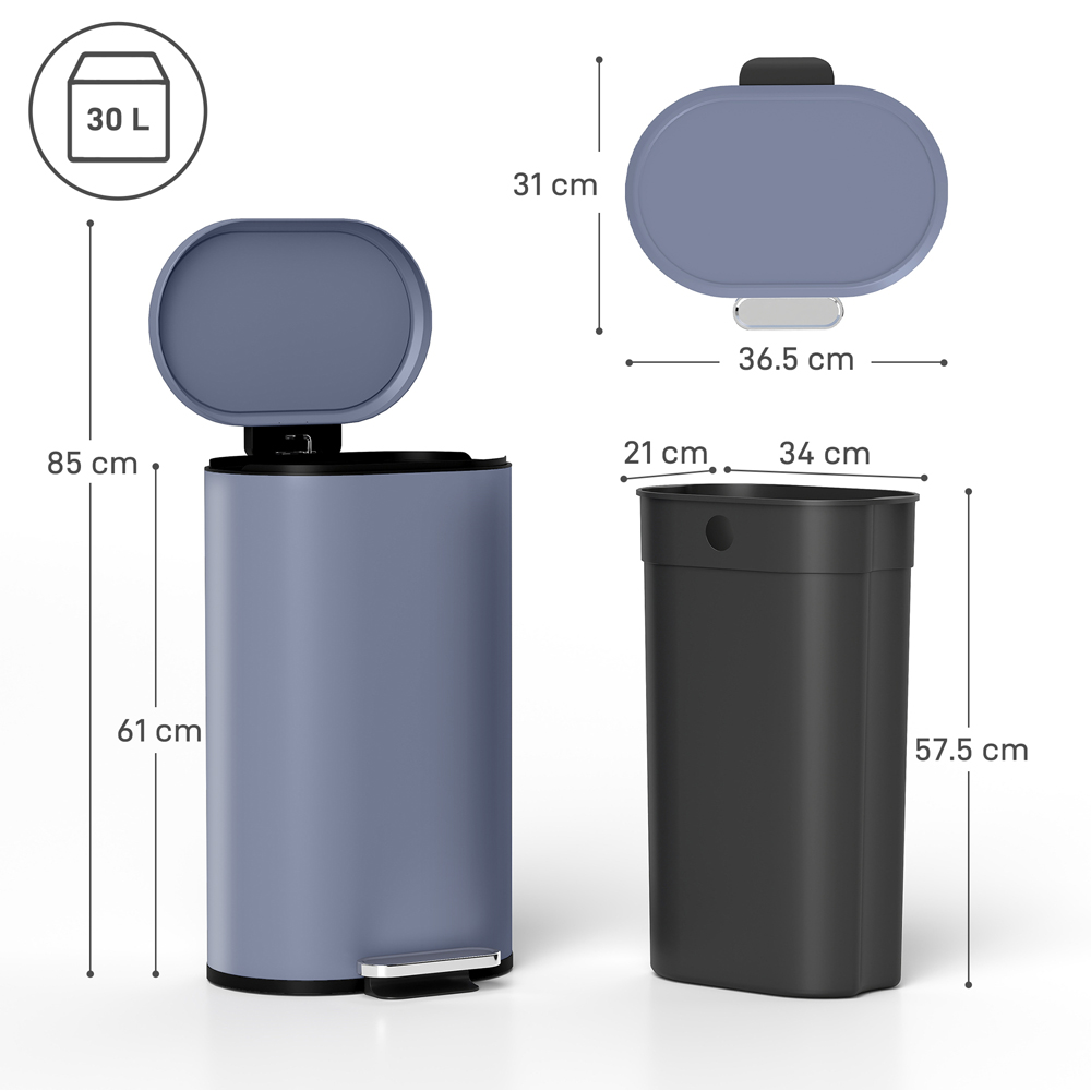 HOMCOM Grey Slim Rectangular Pedal Bin with Soft-Close Lid 30L Image 9