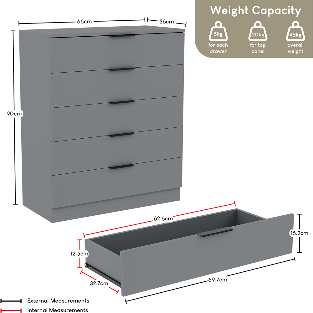 VIDA DESIGNS Trega 5 Drawer Grey Bedside Cabinet Image 9