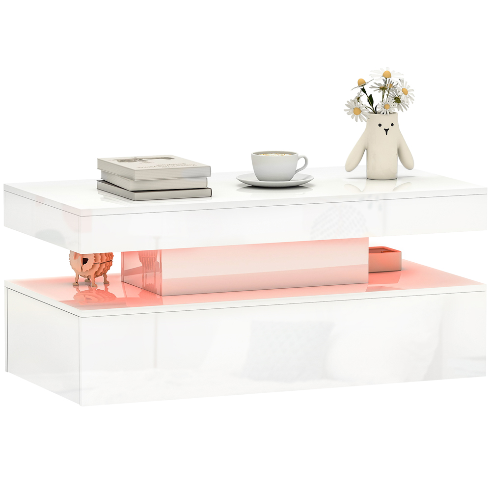 HOMCOM White High Gloss LED Coffee Table with Storage Image 2