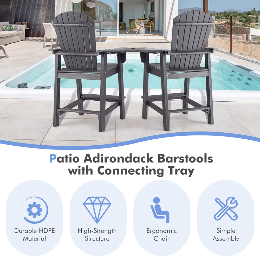 Costway Adirondack Grey Bar Stool Set of 2 with Connecting Tray Image 5
