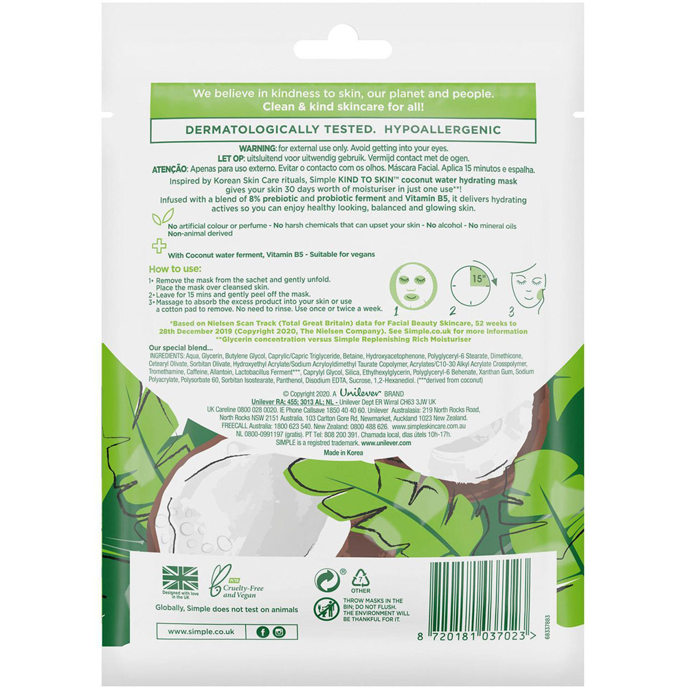 Simple Kind to Skin Hydrating Coconut Water Hydrating Sheet Mask 10 Pack Image 3