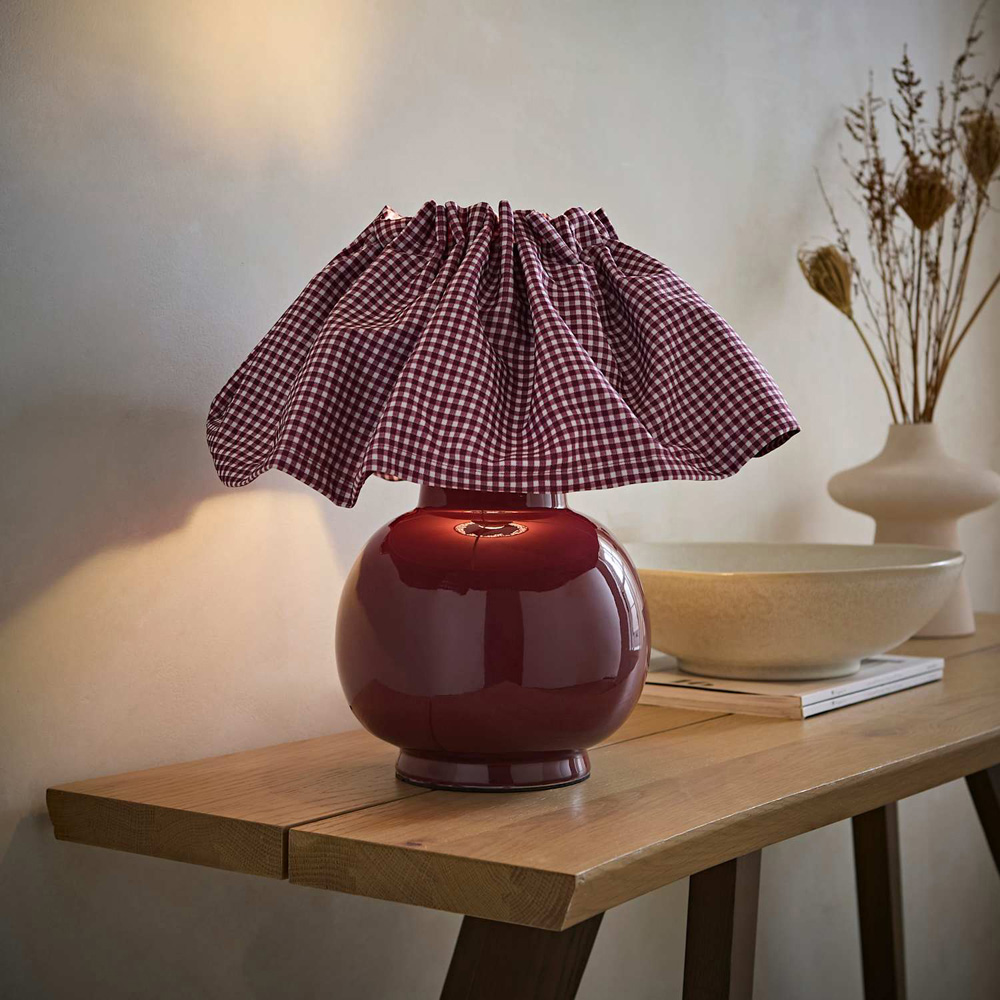 ValueLights Arabella Gingham Pleated Shade Burgundy Ceramic LED Table Lamp with Bulb Image 6