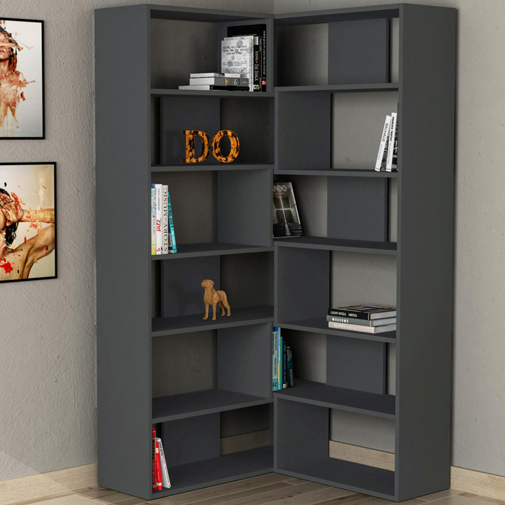 Decortie Molly No.4 12 Shelf Anthracite Grey Tall Corner Bookcase Image 1