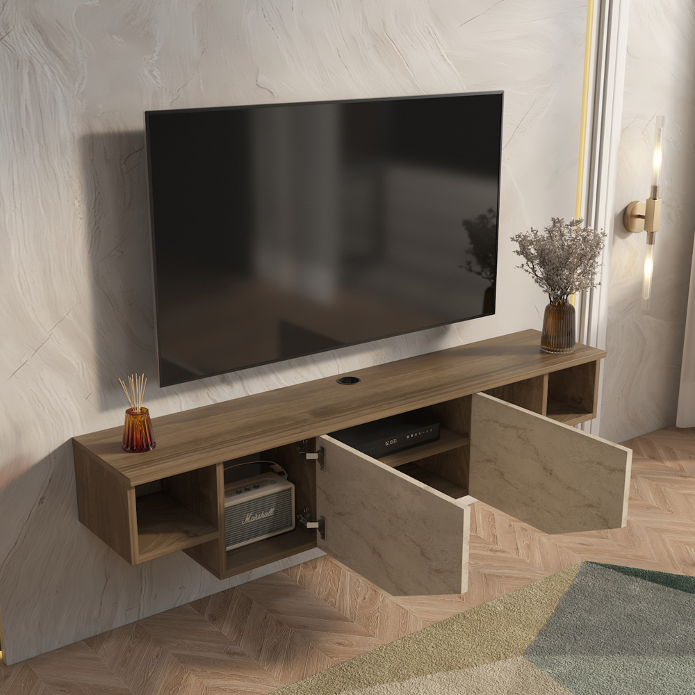 Decorotika Hera 2 Door 2 Shelf Walnut Travertine Wall Mounted TV Unit Image 5