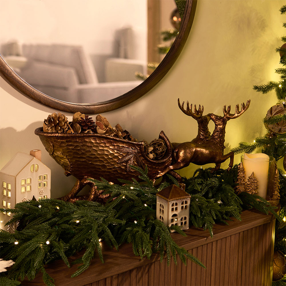 Ornate Reindeer Sleigh Ornament Bronze Image 2