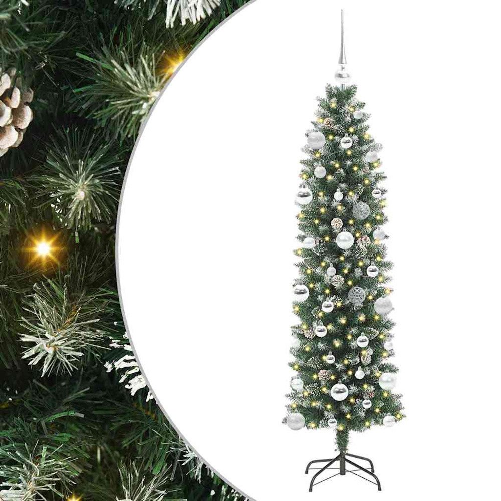 vidaXL Pre-Lit Warm White LED and Silver Baubles Green Slim Artificial Christmas Tree 5ft Image 7