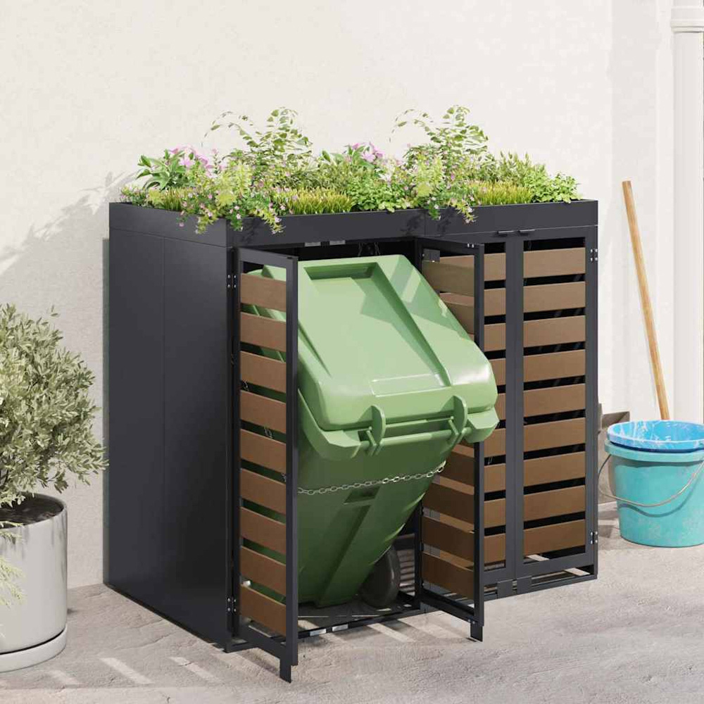 vidaXL Anthracite 2 Wheelie Bin Storage Shed with HDPE Door and Planter Roof Image 2