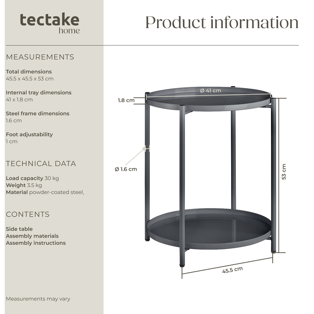 tectake Oxford 2 Shelf Dark Grey Round Bedside Table Image 8