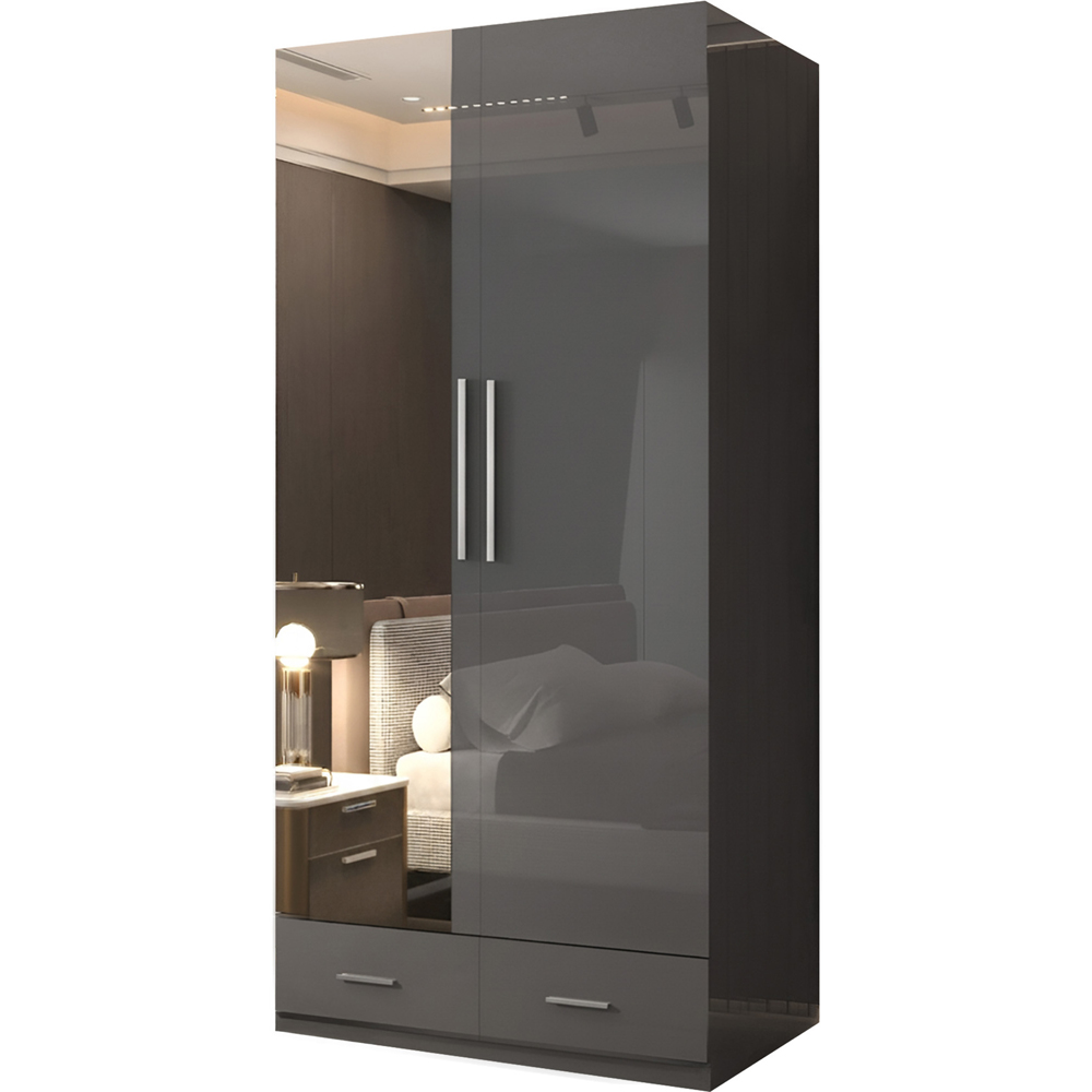 Sliding Wardrobes 4U 2 Door 2 Drawer Grey High Gloss Hinge Door Wardrobe 90cm Image 2