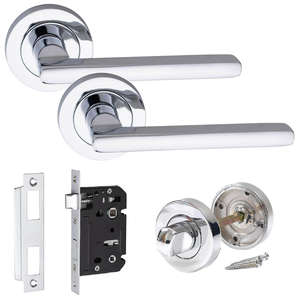 Golden Grace Leon Polished Chrome Bathroom Door Handle Pair with Thumbturn and Mortise Lock Image 1