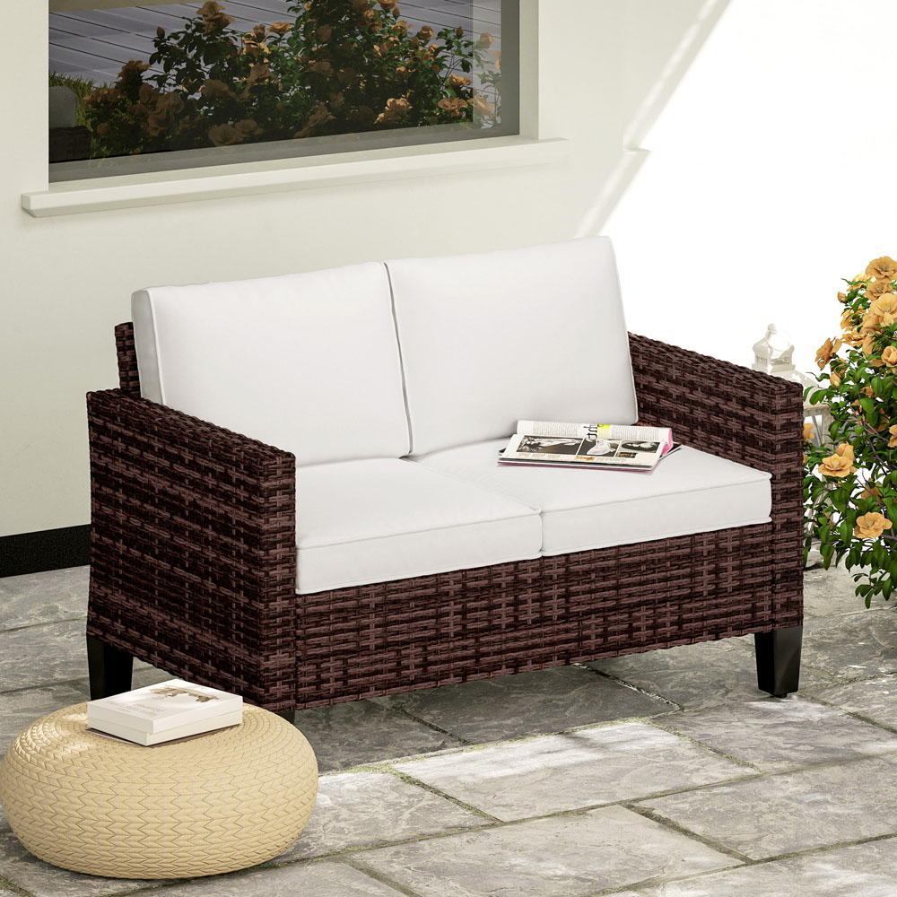 Outsunny 2 Seater Brown Cushion Rattan Garden Sofa Image 4