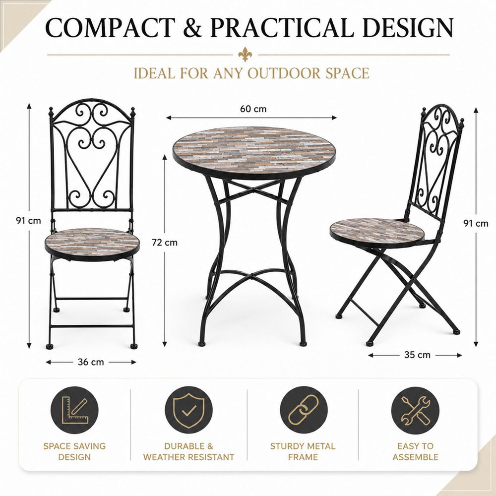 Shatchi Oasis 2 Seater Mosaic Ceramic Tile Top Foldable Bistro Set Image 9