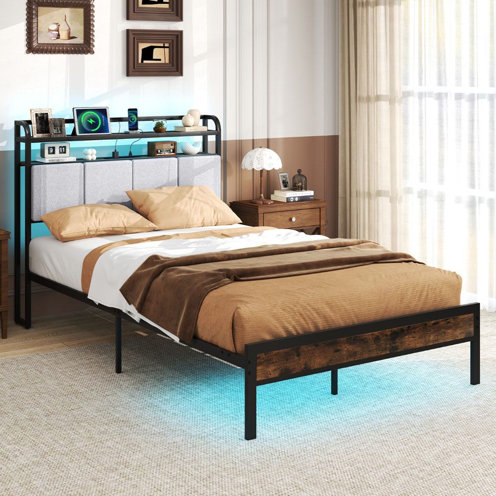 Costway Double Bed Frame with LED Light and Charging Station Image 1