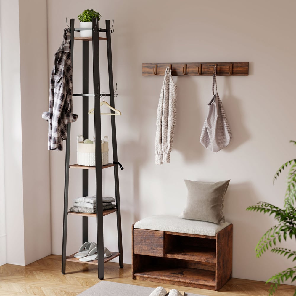 HOMCOM 4 Shelf 8 Hooks Rustic Brown Industrial Coat Stand Image 2