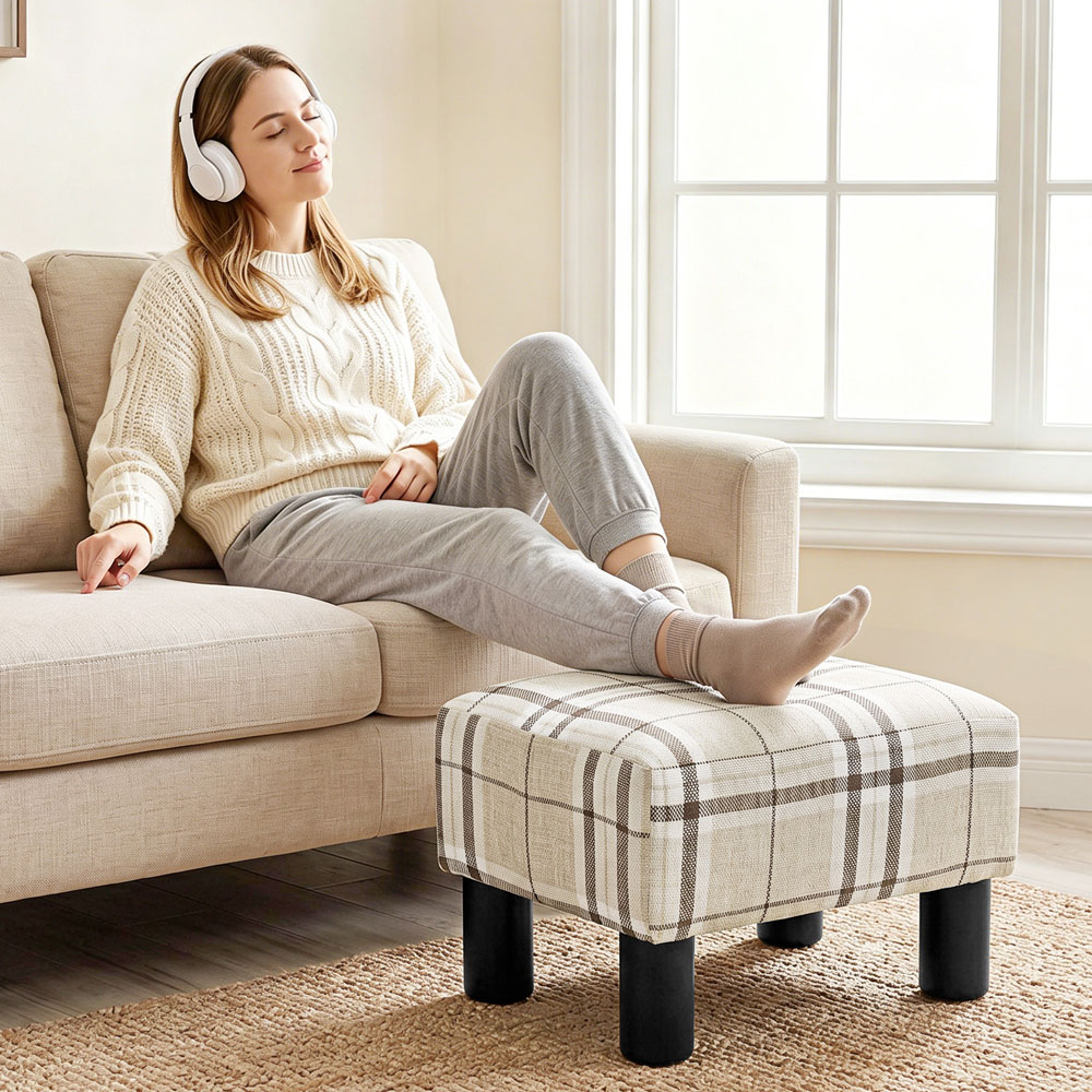HOMCOM Multicoloured Chic Linen Fabric Footstool Ottoman Cube with Legs Image 2