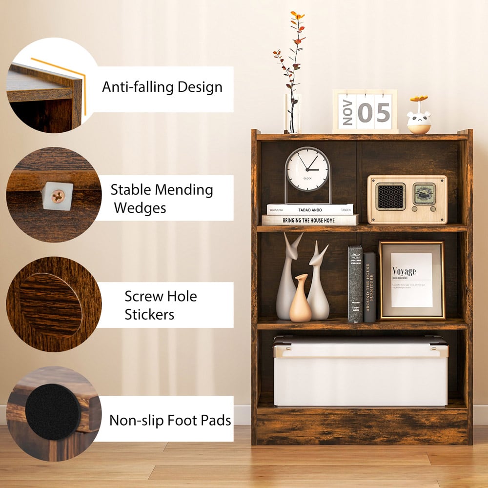 Costway 3 Shelf Rustic Brown Bookcase Image 6