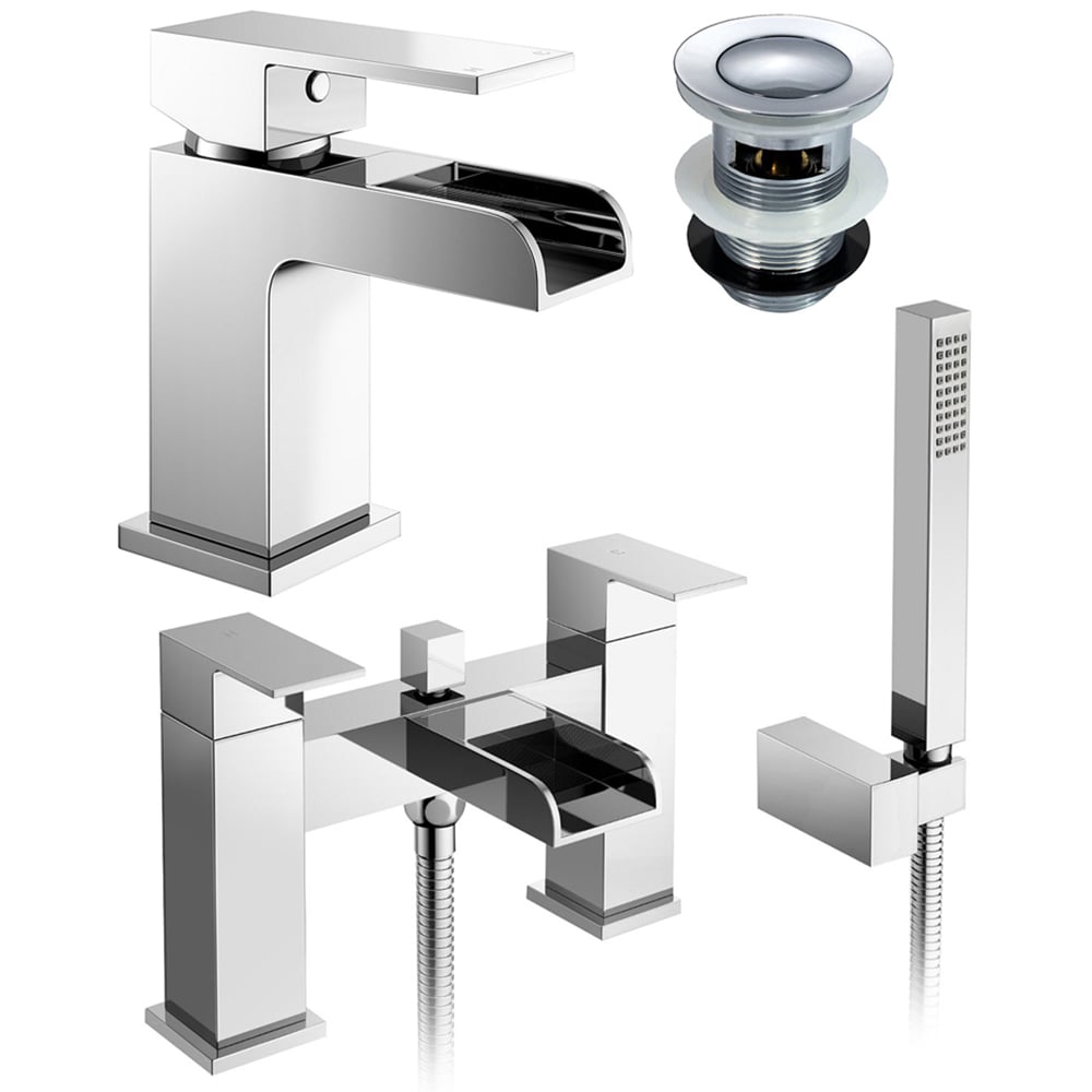Nes Home Waterfall Chrome Bath Shower Mixer and Basin Mono Tap with Waste Image 1