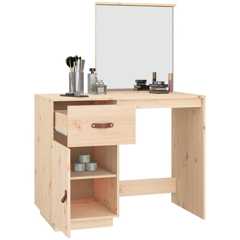 vidaXL Single Door Single Drawer Natural Solid Wood Pine Dressing Table with Mirror Image 5